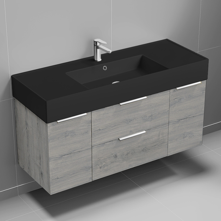 Nameeks DERIN672 Modern Bathroom Vanity With Black Sink, Wall Mounted, 48 Inch, Grey Oak